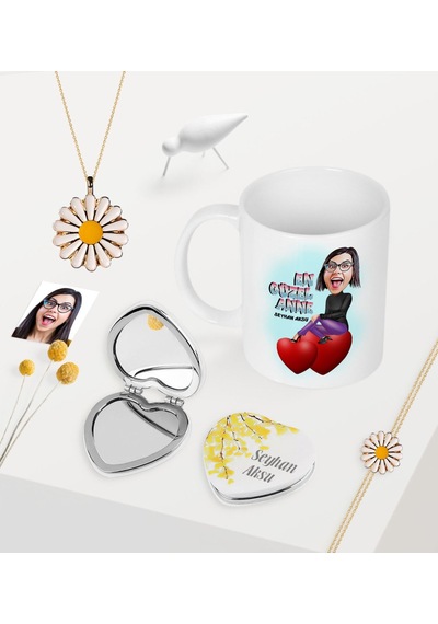 Kişiye Özel En Güzel Anne Karikatürlü Kupa Kalp Ayna Papatya Koly