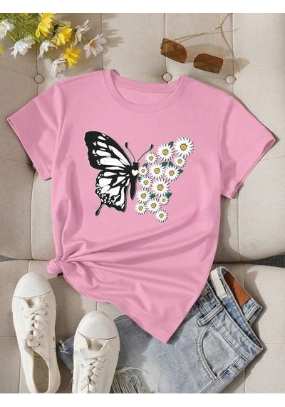 Flood Of Style Kadın Pembe Kelebek Papatya Baskılı Oversize T-shirt