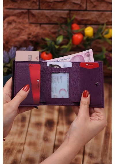 Özka Leather Mürdüm Telefon Bölmeli Uzun Cüzdan Ve Otomatik Mekanizmalı Kartlık Cüzdan Sevgili Paketi