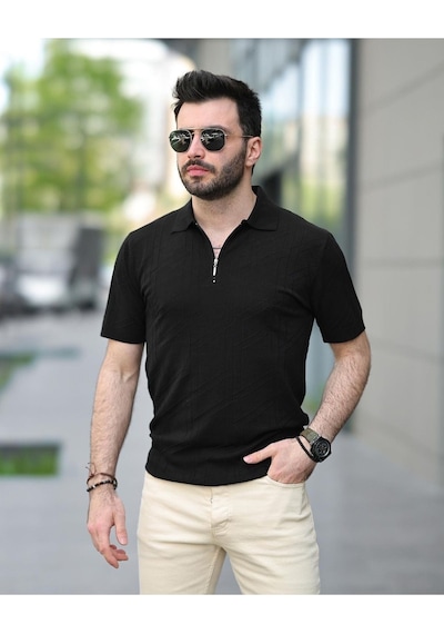 Fermuarlı Triko Tshirt Siyah