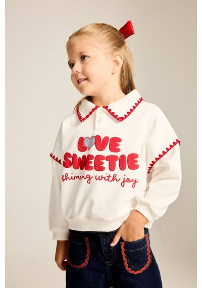 Defacto Polo Yaka Baskılı Kalın Sweatshirt Kumaşı Sweatshirt Kız Bebek I0898a526auer105 Ekru-er105