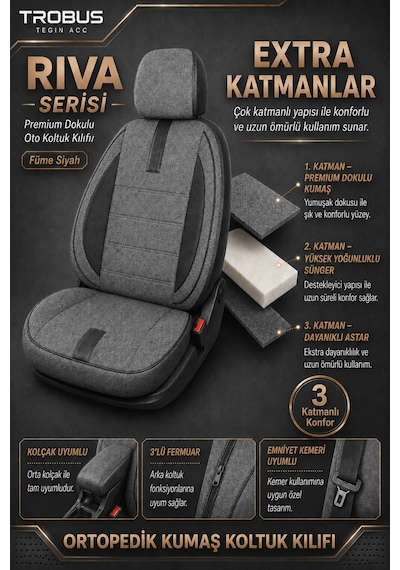 Citroen Berlingo 2004-2018 Uyumlu Riva Serisi 2+1 Ticari Füme Siyah Ortopedik Koltuk Kılıfı