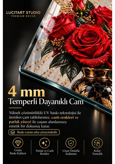 Kırmızı Güller Dekoratif Cam Tablo 4 Mm Temperli Cam Duvar Tablosu Beyaz Zemin