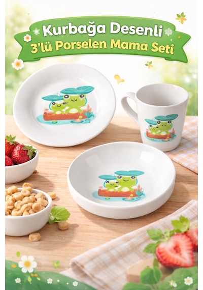 Kurbağa Desenli 3 Lü Porselen Çocuk Mama Seti Tabak Kase Kupa Beyaz