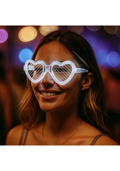 Beyaz Led Işıklı Kalp Gözlük 3 Modlu Parti - Glow Gözlüğü 4801 Diğer