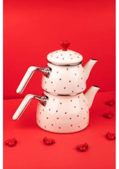 Luxury Emaye Kalpli Çay Takımı Beyaz - Kırmızı