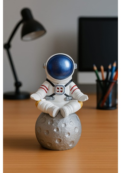 Momiko Uzay Temalı Meditasyon Yapan Beton Astronot Masaüstü Heykeli - Dekoratif Mini Figür -