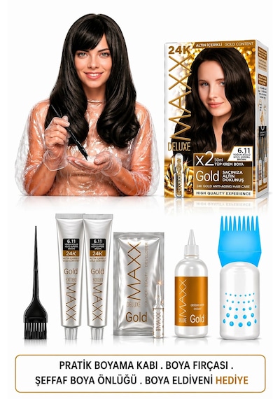 Maxx Deluxe Golden Beauty Set Saç Boyası 6.11 Yoğun Küllü Koyu Kumral 2 Li + Fırça+pratik Boya Kabı