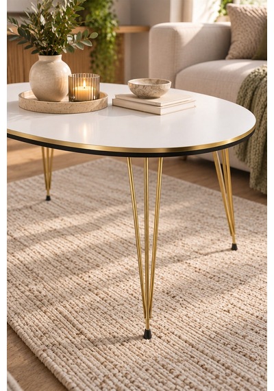 Sulorahome Gold Tel Oval Orta Sehpa Beyaz
