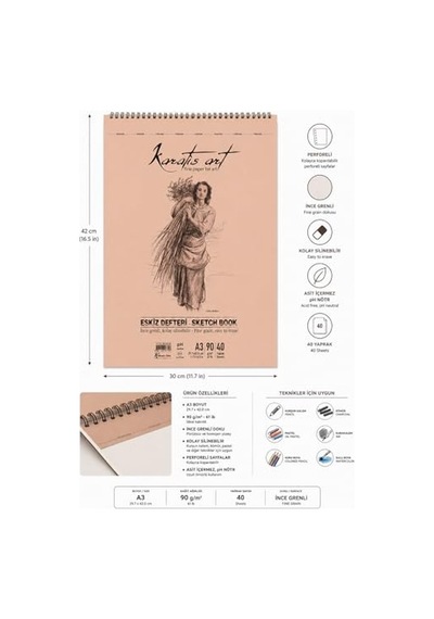 A3 Eskiz Defteri, 90 G/m² İnce Grenli Kağıt, 40 Yaprak Spiralli Sketchbook, Kurşun Kalem, Kömür Ve Pastel Çizimler İçin Uygun, Kolay Silinebilir, Perforeli Sayfalar, Profesyonel Ve Öğrenci Kullanımı İ