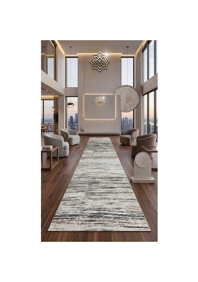 Nesrin Gri Kaymaz Taban Dekoratif Dokuma Halı Yolluk Çizgili Modern Salon Mutfak Halısı