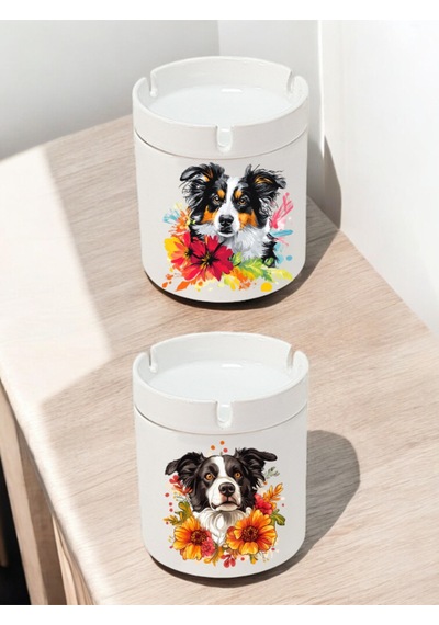 Köpek Çiçek İçinde Baskılı 2'li Küllük - Kapalı Küllük, Kapalı Kül Tablası, Kapaklı Seramik Küllük
