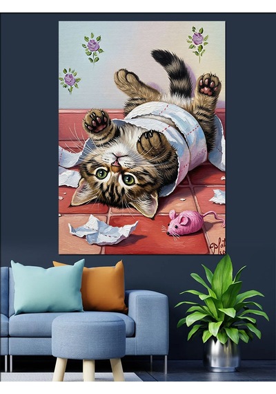 Ahşap Tablo Havluya Sarılı Komik Kedi