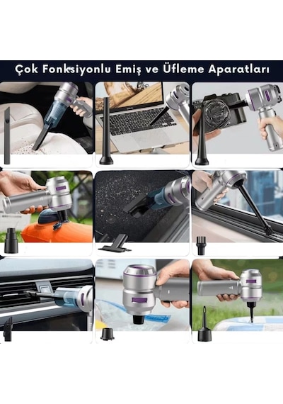 9 Farklı Uçlu Kablosuz Şarjlı Araç İçi Süpürge Wireless Destekli, Güçlü Emiş, Taşınabilir Pratik A