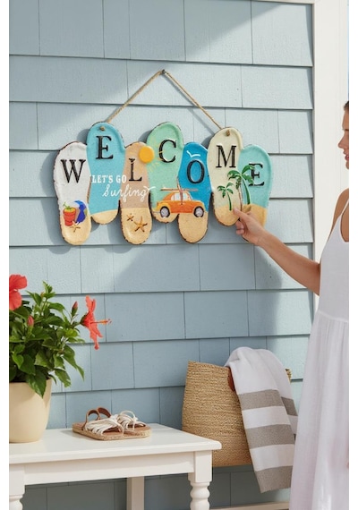 Welcome Let S Go Surfing Metal Kapı Süsü 40 Cm Bahçe Duvar Hoş Geldiniz Levhası Dekoratif Obje