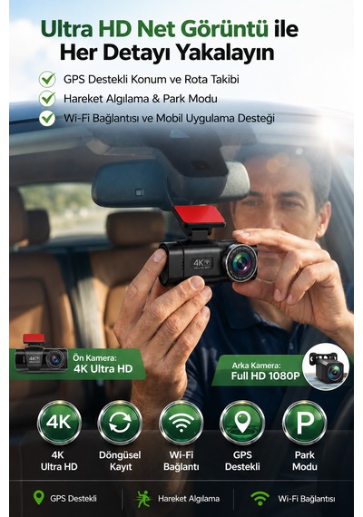 4k Ultra Hd Araç Kamerası Çift Lens Ön Arka Wi-fi Gps Park Modu Gece Görüşlü G-sensörlü Araç İçi Güvenlik Kamerası