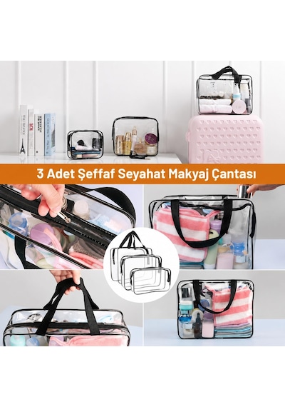 Lexroo Kadın Erkek 3 Adet Şeffaf Seyahat Makyaj Çantası Şeffaf Tek Ebat