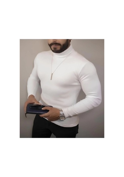 Genel Markalar Erkek Kaşkorse Boğazlı Full Likralı Fitilli Body Kazak - Beyaz