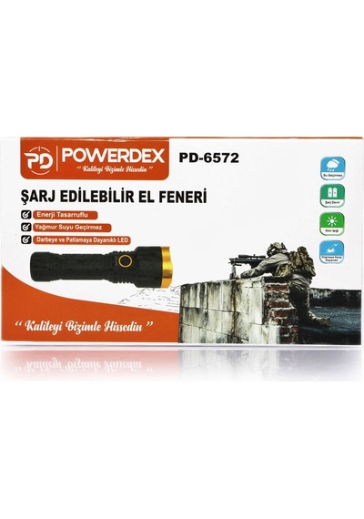 Powerdex Pd - 6572 Su Geçirmez Şarjlı Profesyonel El Feneri Siyah
