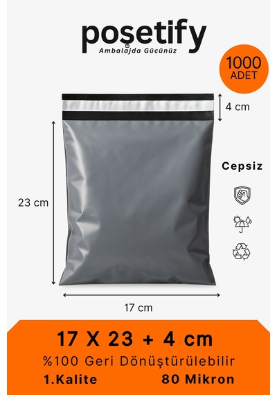 Gri Cepsiz Kargo Poşeti 17x23+4 Cm Yapışkan Bantlı Kargo Zarfı 1000 Li E-ticaret Poşeti