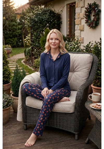 Lela Desenli Regular Fit Apaş Yaka Beli Lastikli Bol Paça Bayan Pijama Takımı 65714300 Lacivert