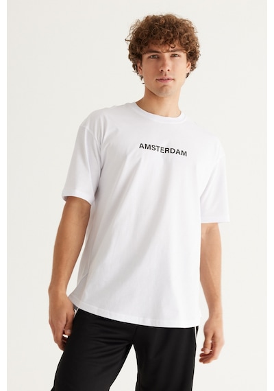 Ac&Co / Altınyıldız Classics Erkek Beyaz Long Fit Bisiklet Yaka Baskılı Kısa Kollu Tişört Beyaz