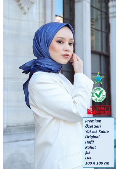 Eşarp - Premium Lux Original Monogram Eşarp İpek Vual, Yüksek Kalite, Hafif, Rahat, Şık, Scarf Mavi Lacivert Şeritli