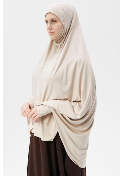 Altobeh Kollu Sufle Çarşaf Üstü Peçeli Pratik Tesettür Hijab - Nikaplı Namaz Örtüsü Koyu Krem