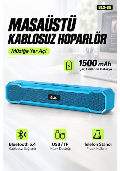 Blic Bls-85 Bluetooth 5.4 Masaüstü Soundbar Hoparlör Mavi, Telefon Standlı, 1500 Mah Şarjlı, Usb Ve