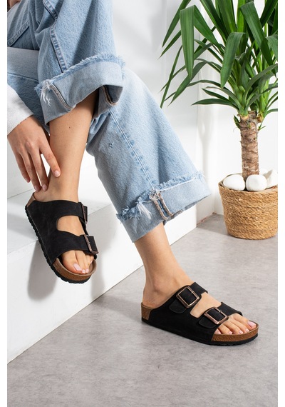 Stwenn Çift Tokalı Ortopedik Taban Terlik Unisex Günlük Rahat Kaymaz Taban Yazlık Sandalet Siyah