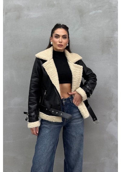 Msm Fashion Kadın İçi Beyaz Kürklü Siyah Kısa Biker Deri Ceket Mont Siyah