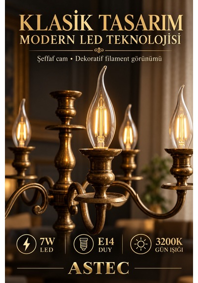 Astec E14 Filament Buji Ampul 7 Watt 3200k Gün Işığı Dekoratif Filament Led