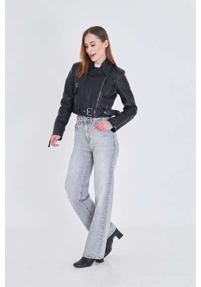 M M Marki Marki Kadın Siyah Hakiki Deri Crop Ceket Biker Stil, Kruvaze Yaka, Kemerli, 52 Cm - 117622