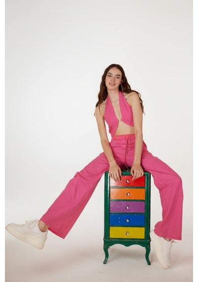 Holly Lolly Koton Kumaş Kayışlı Bol Kesim Rise Pantolon Pembe