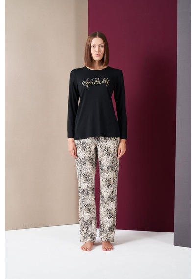 Pjs 26020 Kadın Love Yourself Yuvarlak Yaka Leopar Desen Uzun Kol Pijama Takım Siyah