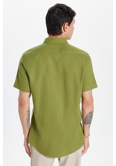 Tudors Erkek Slim Fit Dar Kesim Kısa Kollu %100 Pamuk Keten Doku Haki Düğmeli Yaka Gömlek-32811 Haki
