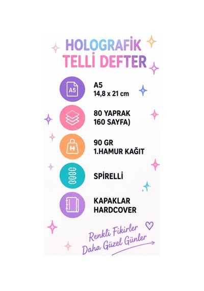 Holografik Deniz Kızı A5 Spiralli Defter 80 Yaprak 160 Sayfa Çizgili Sert Kapak Çok Renkli