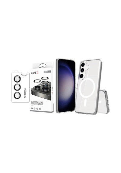 Vendas Samsung Galaxy Uyumlu  S25 Plus Kılıf Magsafe Şarj Özellikli Şeffaf Sert Pc Zore Embos Kapak + Safir Kamera Lens Koruyucu