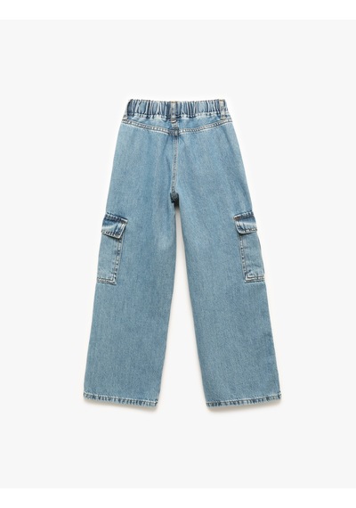 Koton Pamuklu Cep Detaylı Geniş Paça Kargo Denim Pantolon Lıght Indıgo 6wkg40026ad Açık Mavi