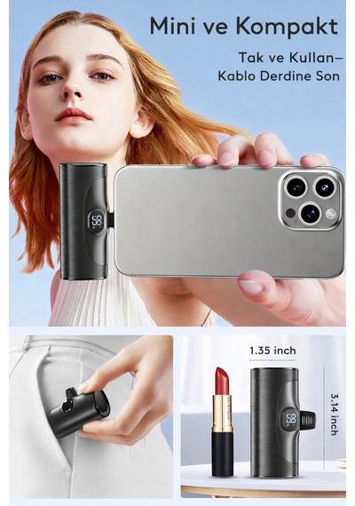 Direkt Telefona Takılan Mini Powerbank 5000 Mah Type-c Girişli Tüm Cihazlarla Uyumlu, Led Ekranlı, Standlı 5000 Mah