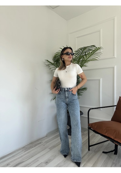 Keymoda Kadın Wide Leg Taşlı Jean Mavi
