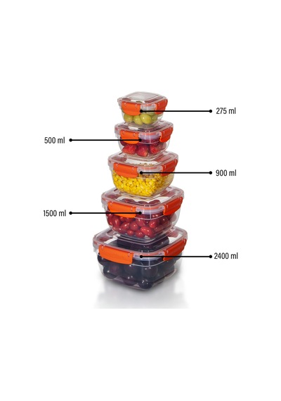 5'li Set Master Kare Saklama Kabı 275 ML - 500 ML - 900 ML - 1500 ML - 2400 ML 001