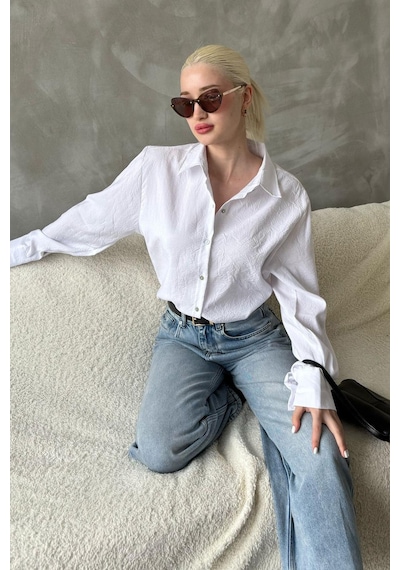 Madmext Beyaz Kırışık Desen Kadın Gömlek Mg2313 Beyaz