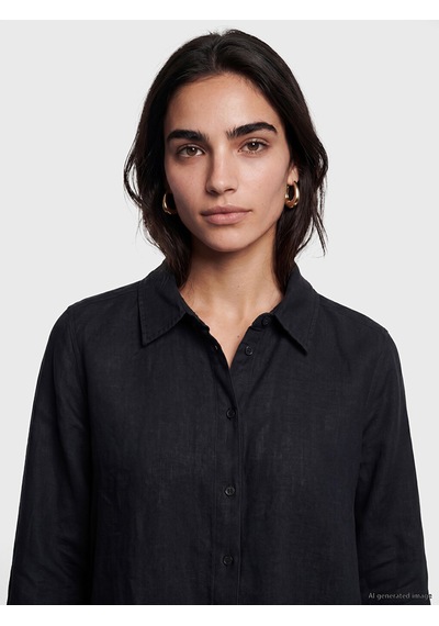 Lcw Vision Siyah Oversize Kadın %100 Keten Gömlek