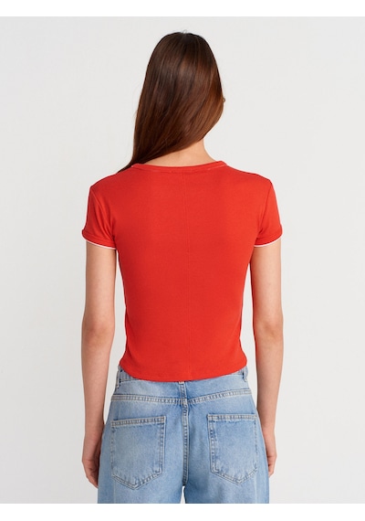 Dilvin 31750 Kontrast Kısa Kollu Tshirt-kırmızı Kirmizi