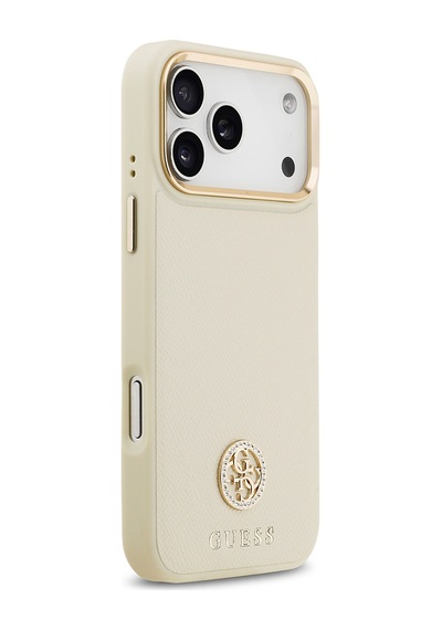 Apple Uyumlu iPhone 17 Pro Max Kılıf Guess Lisanslı M-safeli Grained Yazı Ve Taşlı 4g Logolu Kapak Bej Bej