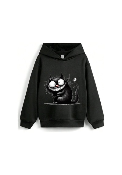 Stil X Sevimli Kediler Baskılı Kapüşonlu Çocuk Sweatshırt Siyah