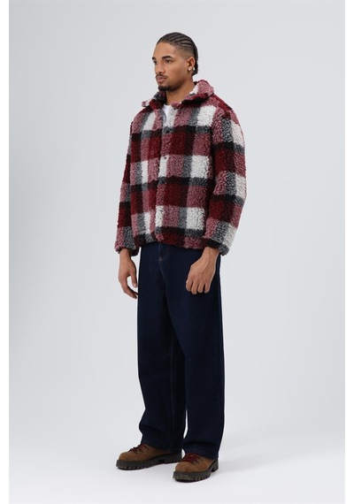 Vamos Oversize Peluş Ekose Ceket Bordo
