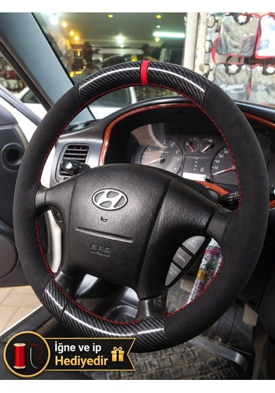 Hyundai Sonata Ef Dikme Direksiyon Kılıfı Alcantara Süet Mat Karbon Kırmızı Yüzük Ve Dikiş 2001-2005 Siyah