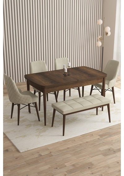 Loft Barok Desen 80x132 Açılabilir Mdf Masa Yemek Odası Takımı, Mutfak Takımı 4 Sandalye, 1 Bench Krem